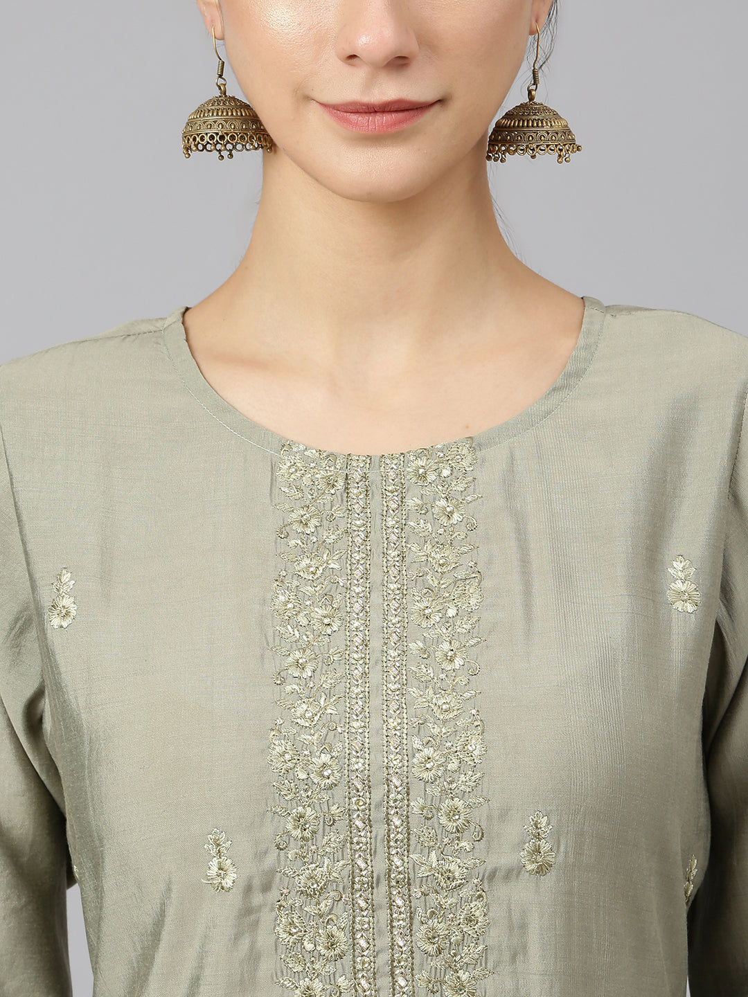 Janasya Women's Sage Green Viscose Blend Embroidered Kurta With Pant And Dupatta