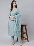 Janasya Women's Dusty Blue Viscose Blend Embroidered Kurta With Pant