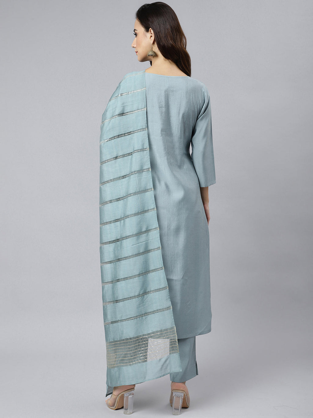 Janasya Women's Dusty Blue Viscose Blend Embroidered Kurta With Pant
