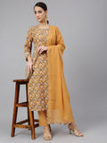 Janasya Women's Light Brown Cotton Floral Print Kurta With Pant And Dupatta