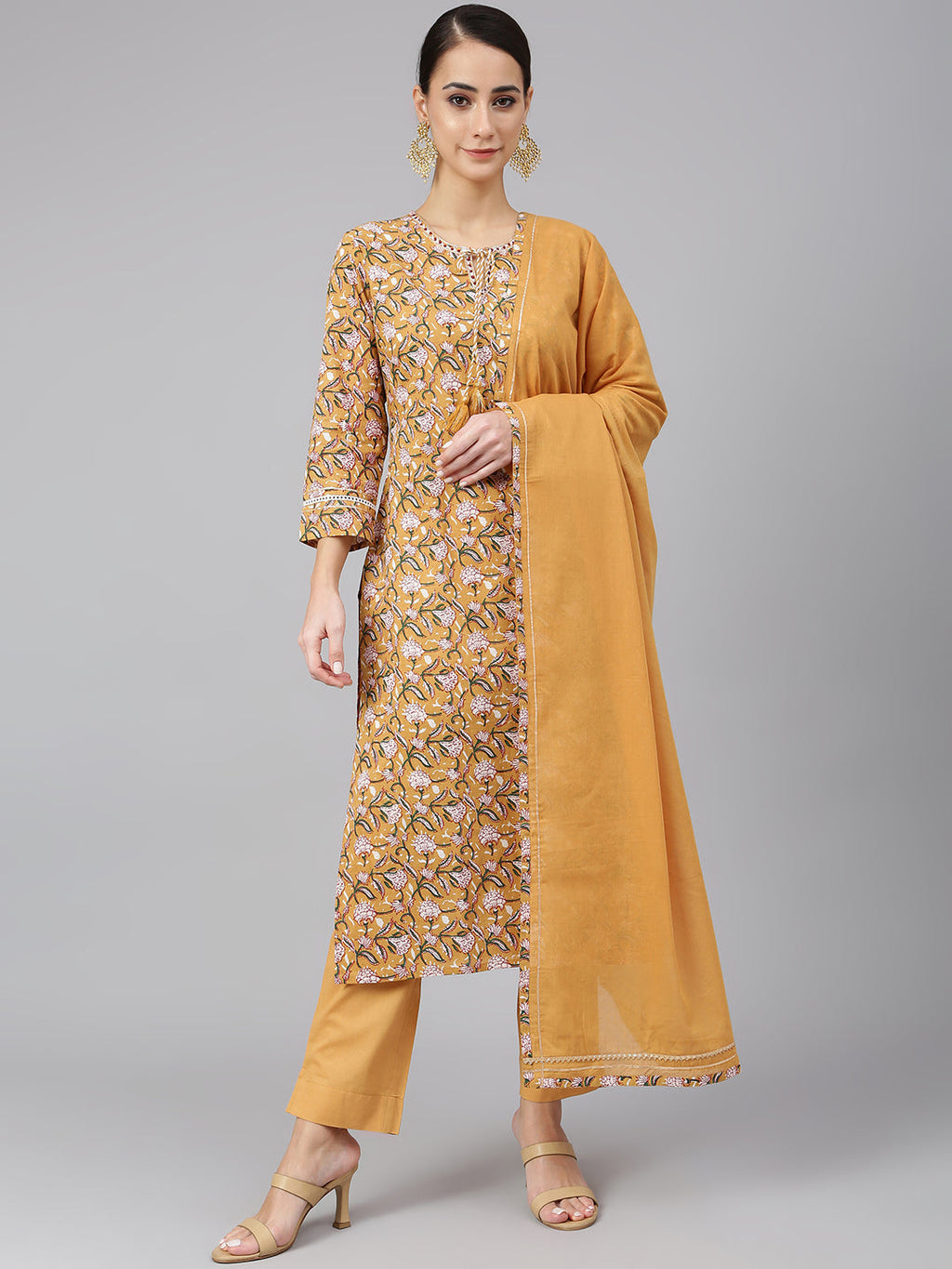 Janasya Women's Light Brown Cotton Floral Print Kurta With Pant And Dupatta