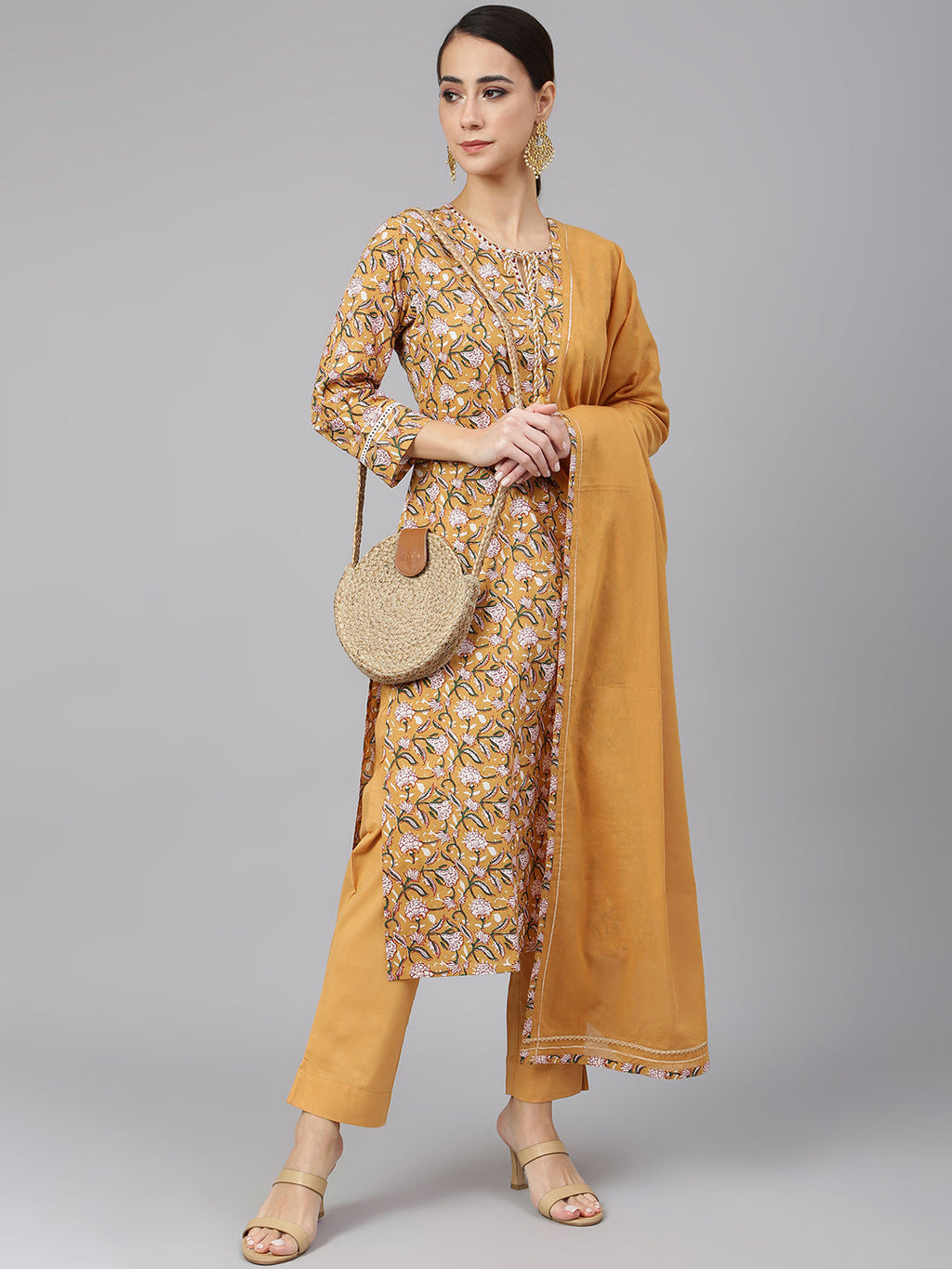 Janasya Women's Light Brown Cotton Floral Print Kurta With Pant And Dupatta