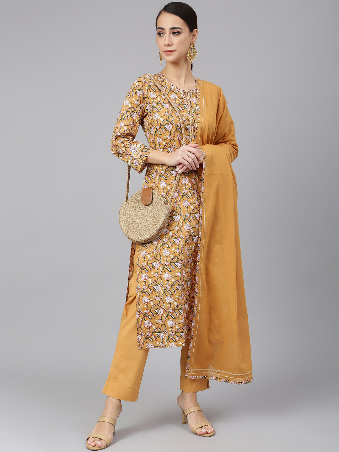 Janasya Women's Light Brown Cotton Floral Print Kurta With Pant And Dupatta