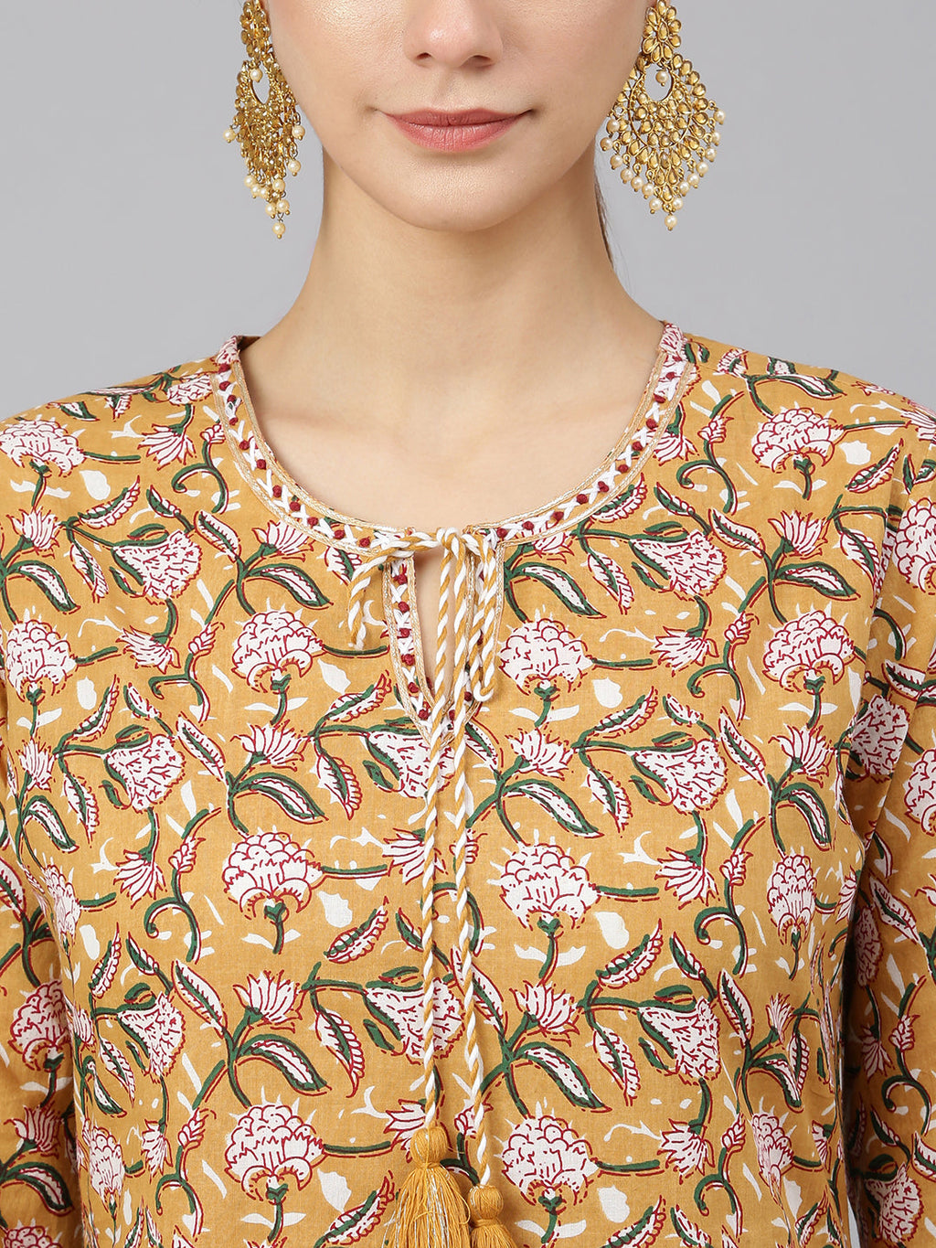Janasya Women's Light Brown Cotton Floral Print Kurta With Pant And Dupatta