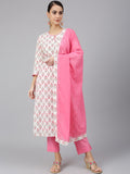 Janasya Women's Off White Cotton Floral Print Kurta With Pant And Dupatta