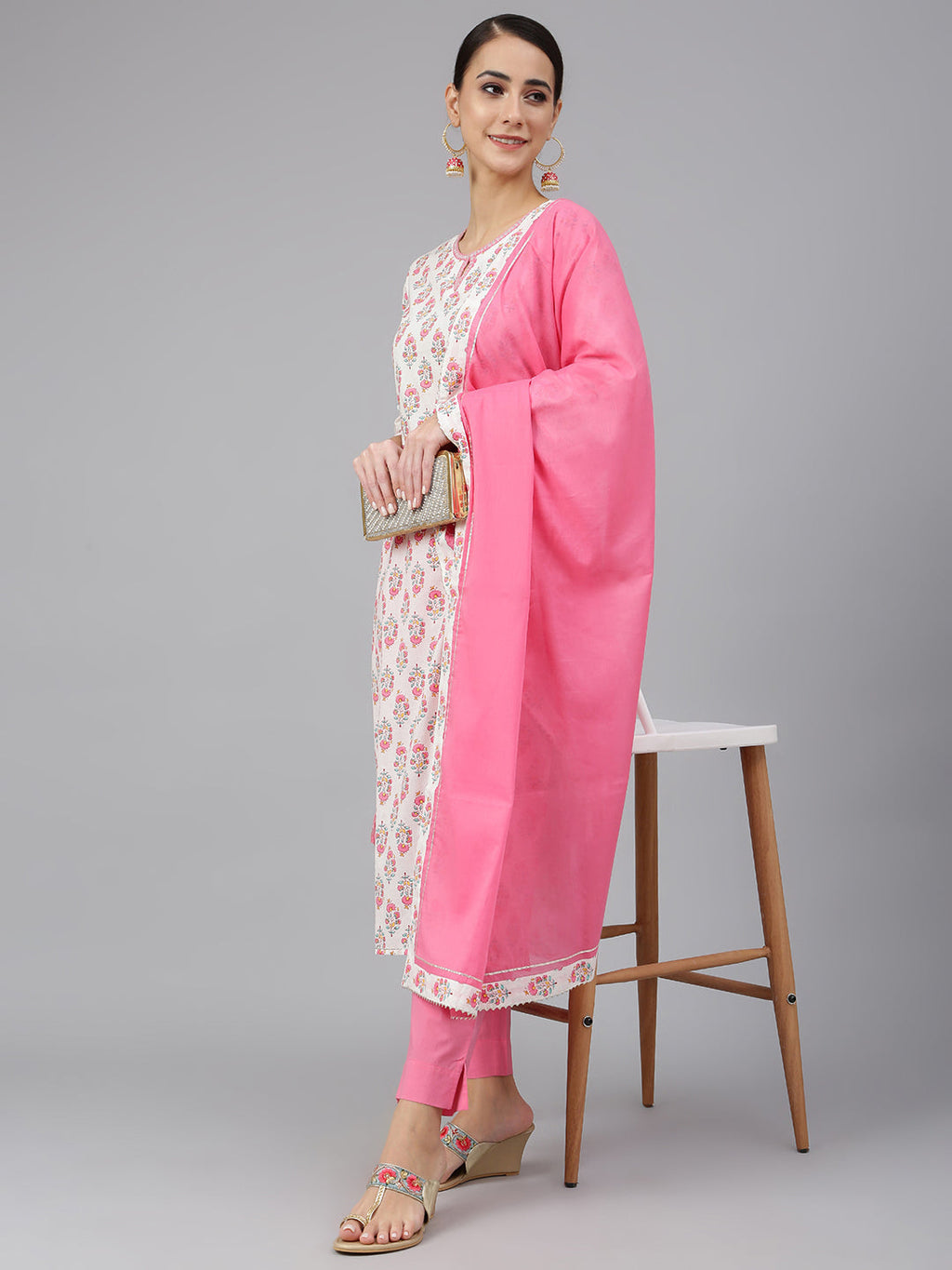 Janasya Women's Off White Cotton Floral Print Kurta With Pant And Dupatta