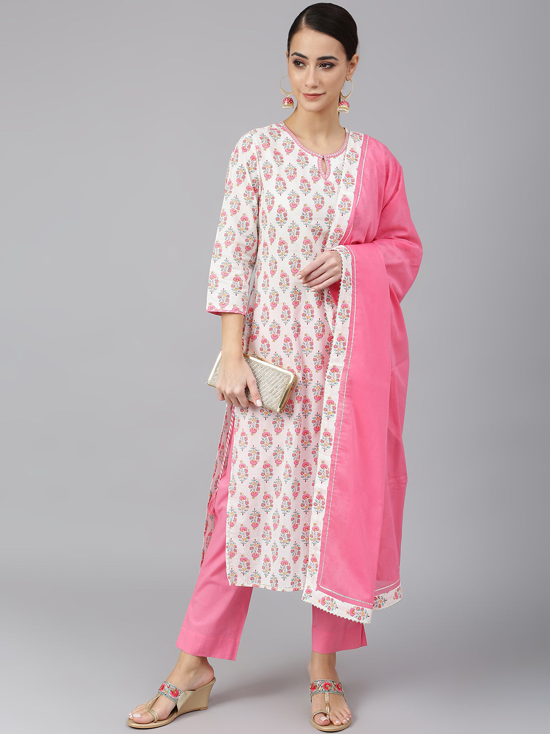 Janasya Women's Off White Cotton Floral Print Kurta With Pant And Dupatta