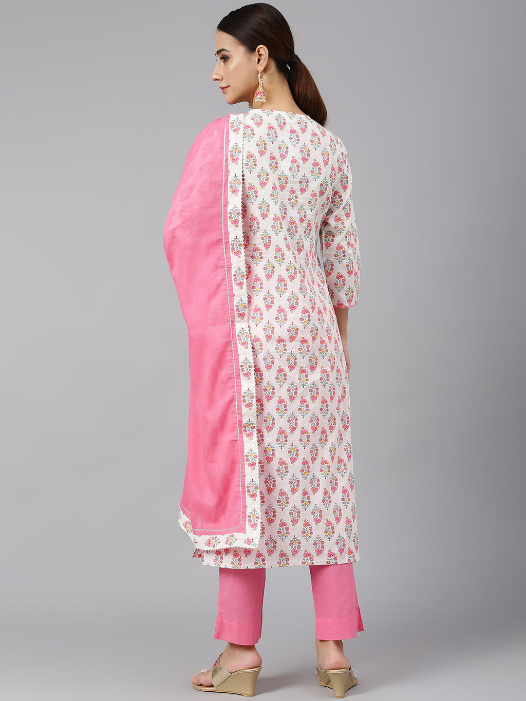 Janasya Women's Off White Cotton Floral Print Kurta With Pant And Dupatta