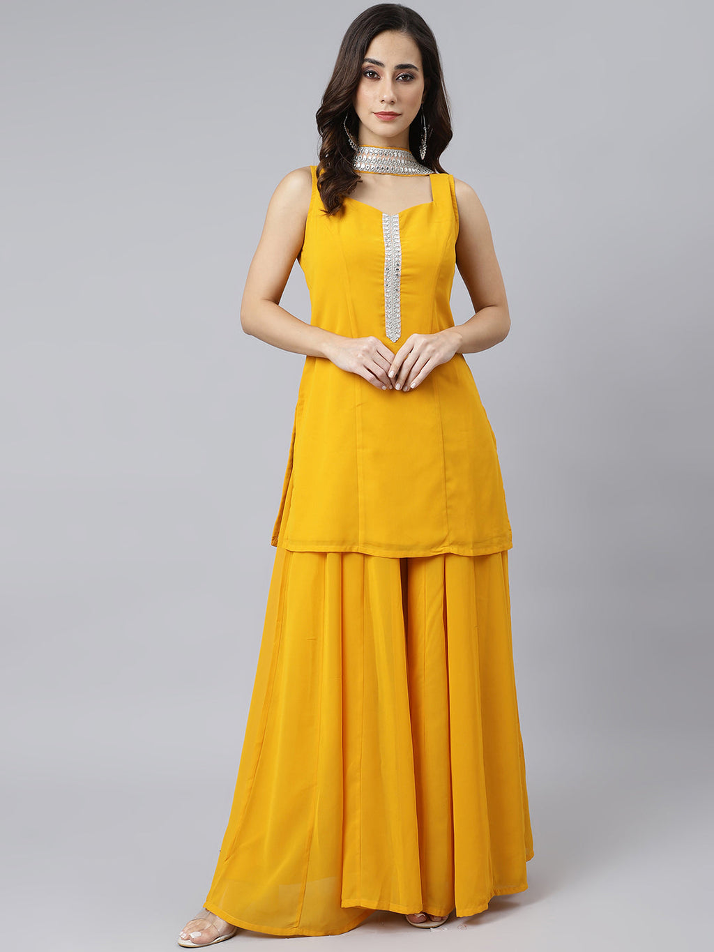 Janasya Women's Mustard Georgette Solid Kurta With Kali Palazzo And Dupatta