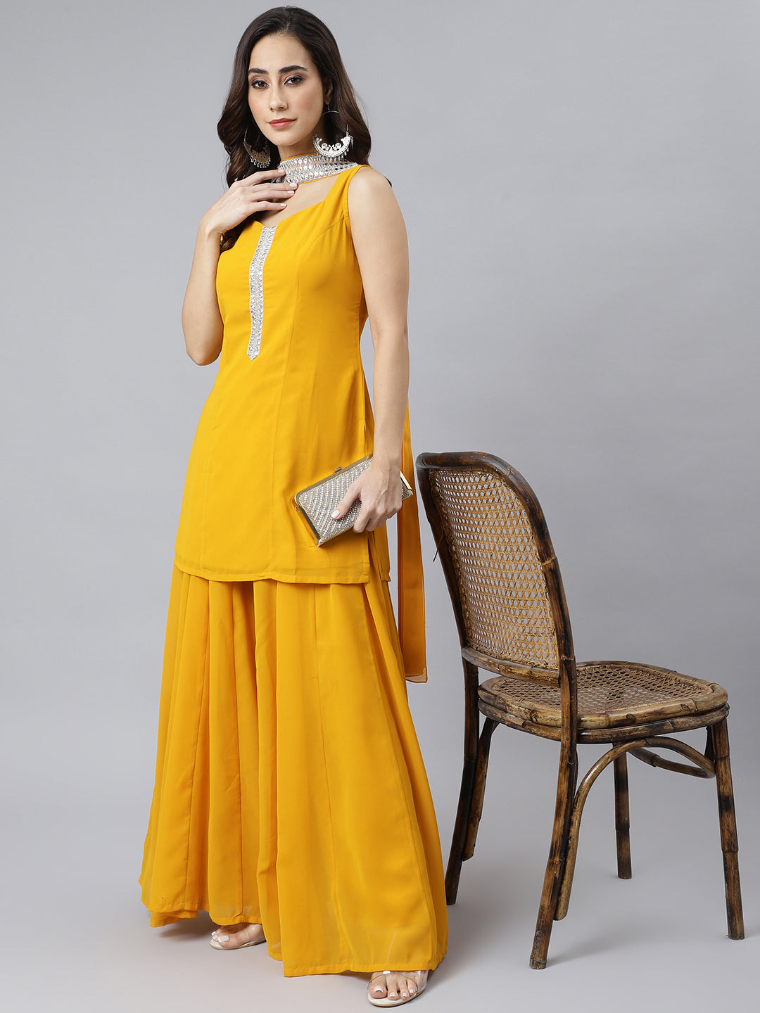 Janasya Women's Mustard Georgette Solid Kurta With Kali Palazzo And Dupatta