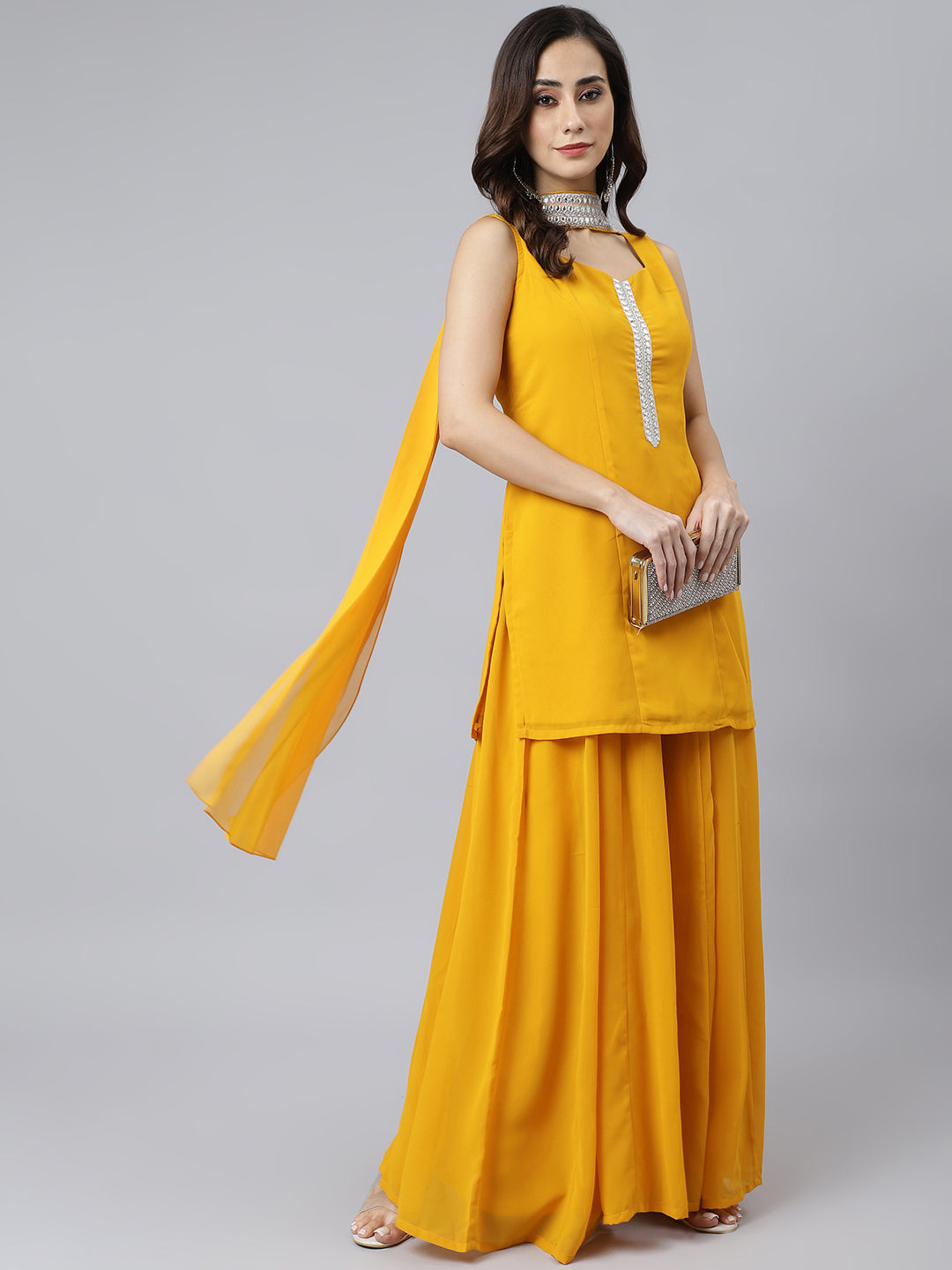 Janasya Women's Mustard Georgette Solid Kurta With Kali Palazzo And Dupatta