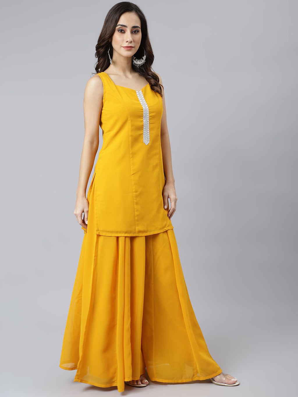 Janasya Women's Mustard Georgette Solid Kurta With Kali Palazzo And Dupatta