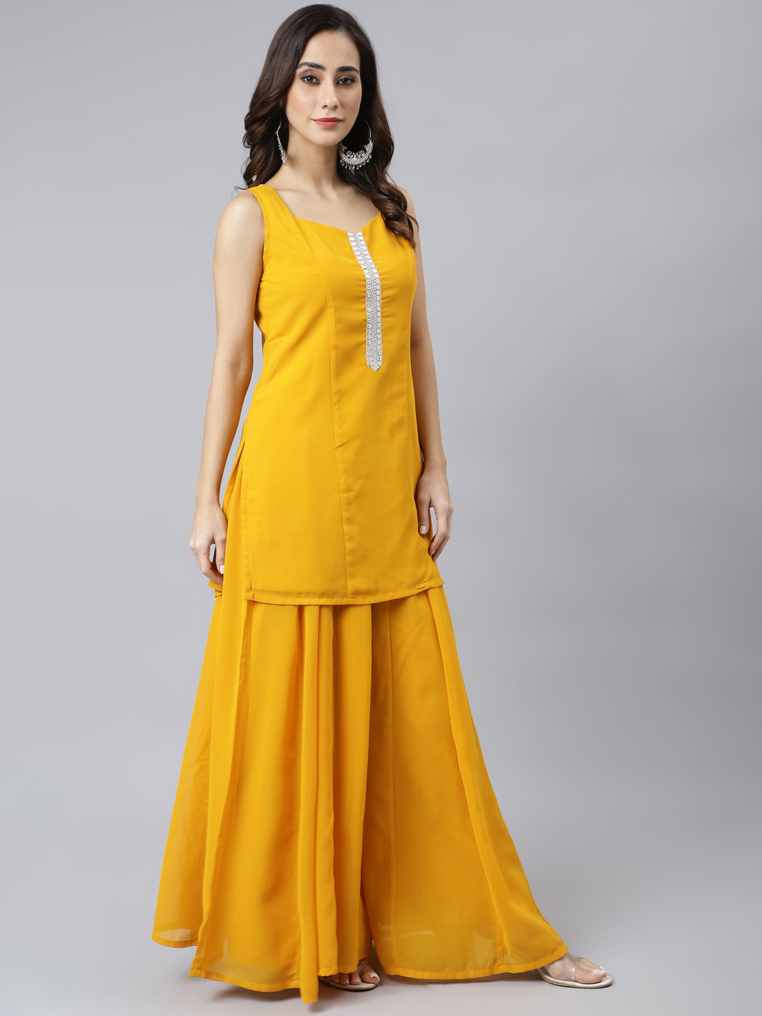 Janasya Women's Mustard Georgette Solid Kurta With Kali Palazzo And Dupatta