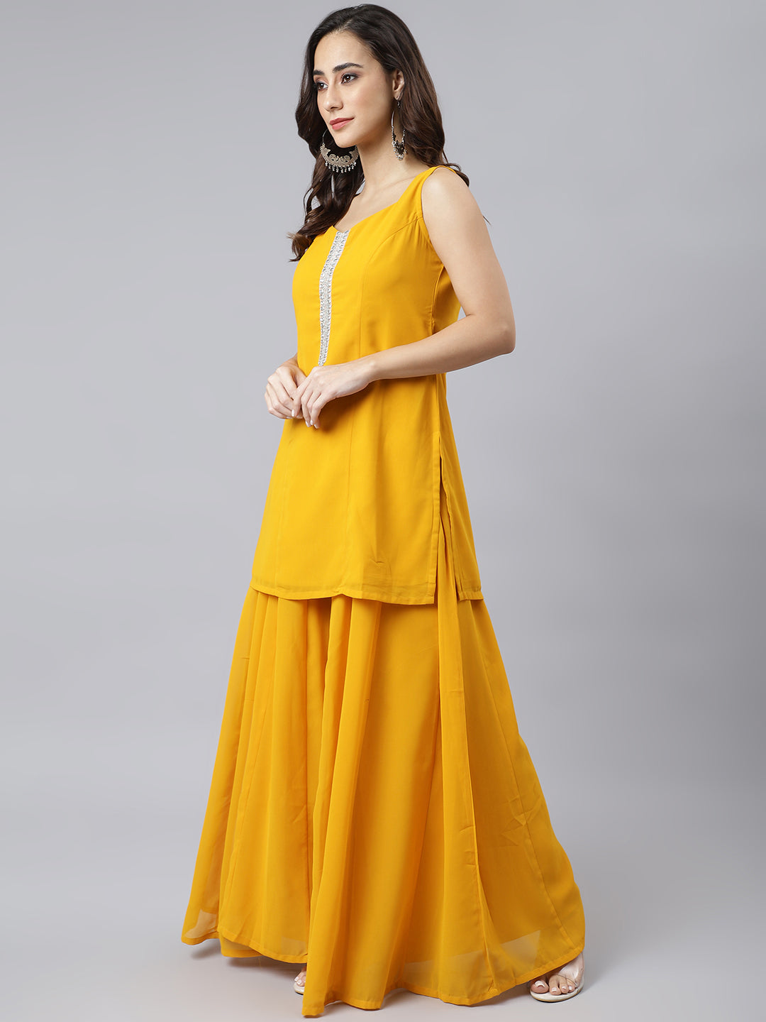 Janasya Women's Mustard Georgette Solid Kurta With Kali Palazzo And Dupatta