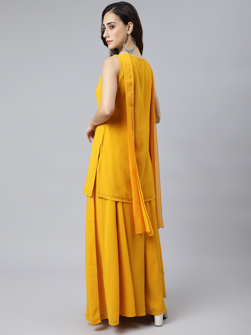 Janasya Women's Mustard Georgette Solid Kurta With Kali Palazzo And Dupatta