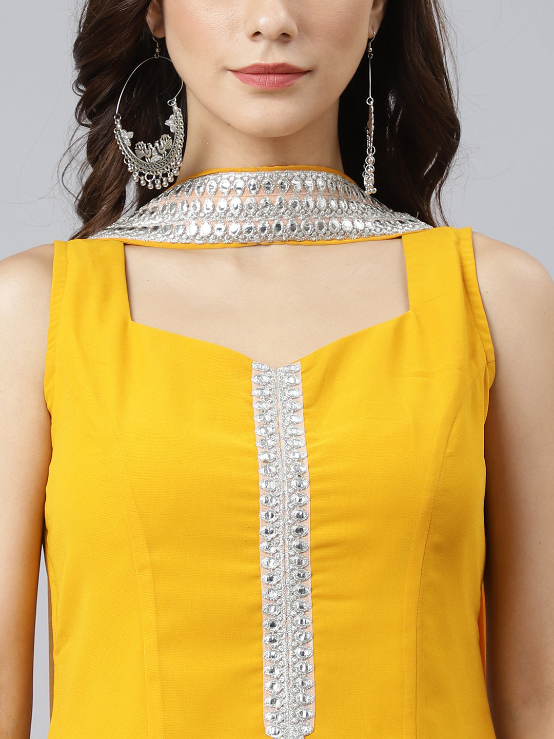 Janasya Women's Mustard Georgette Solid Kurta With Kali Palazzo And Dupatta