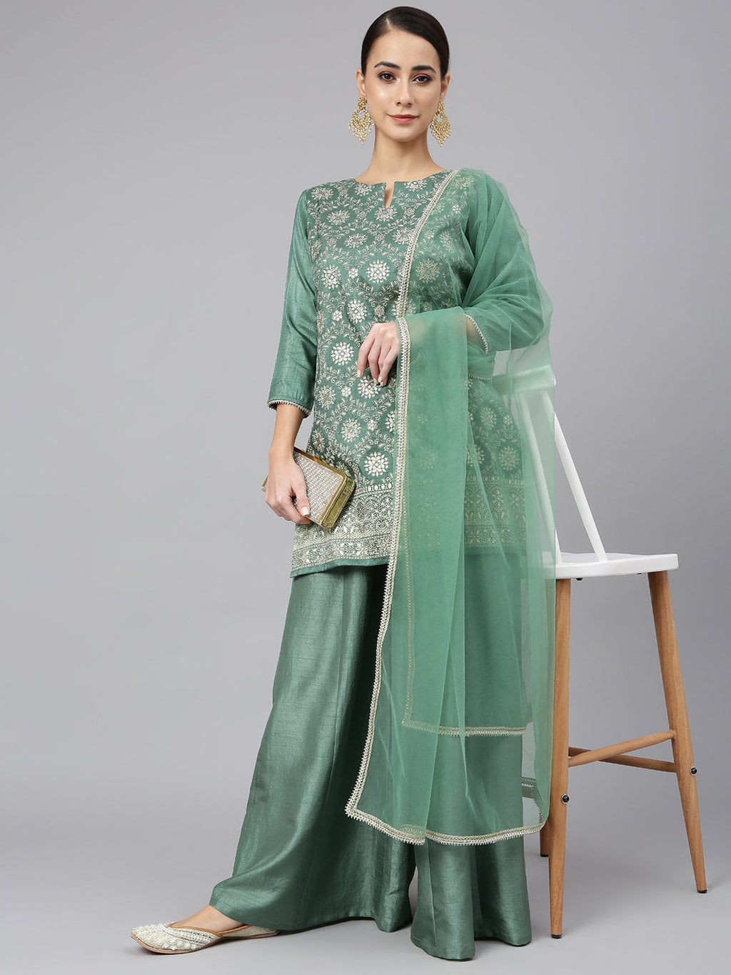 Janasya Women's Mint Green Chinon Foil Print Kurta With Flared Palazzo And Dupatta