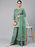 Janasya Women's Mint Green Chinon Foil Print Kurta With Flared Palazzo And Dupatta