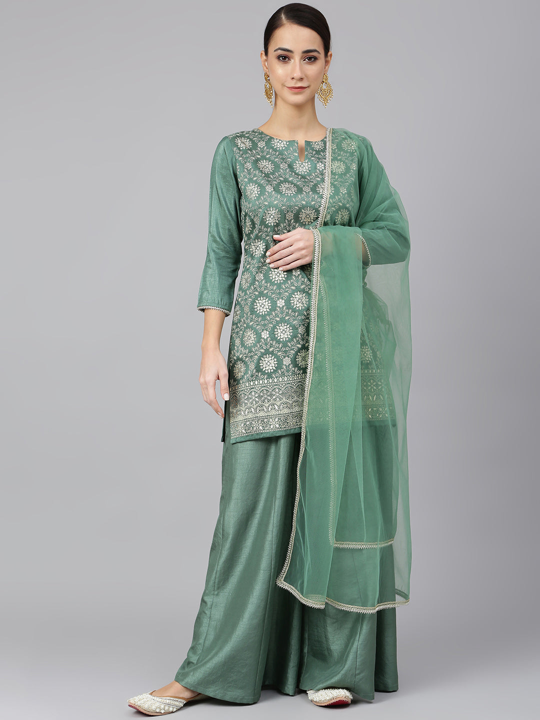 Janasya Women's Mint Green Chinon Foil Print Kurta With Flared Palazzo And Dupatta