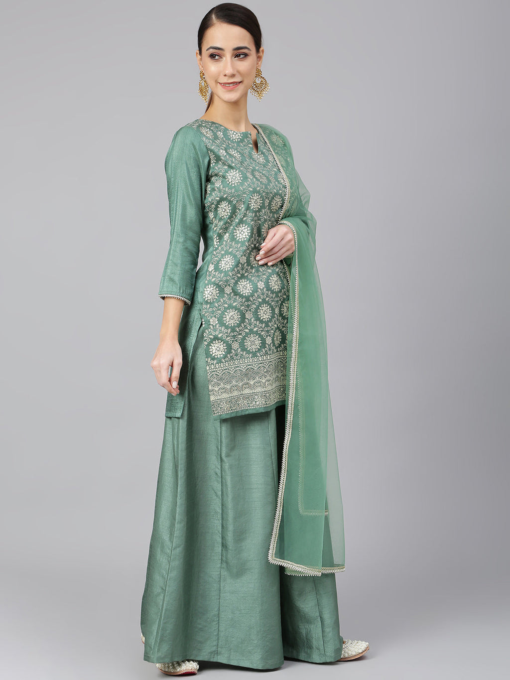 Janasya Women's Mint Green Chinon Foil Print Kurta With Flared Palazzo And Dupatta