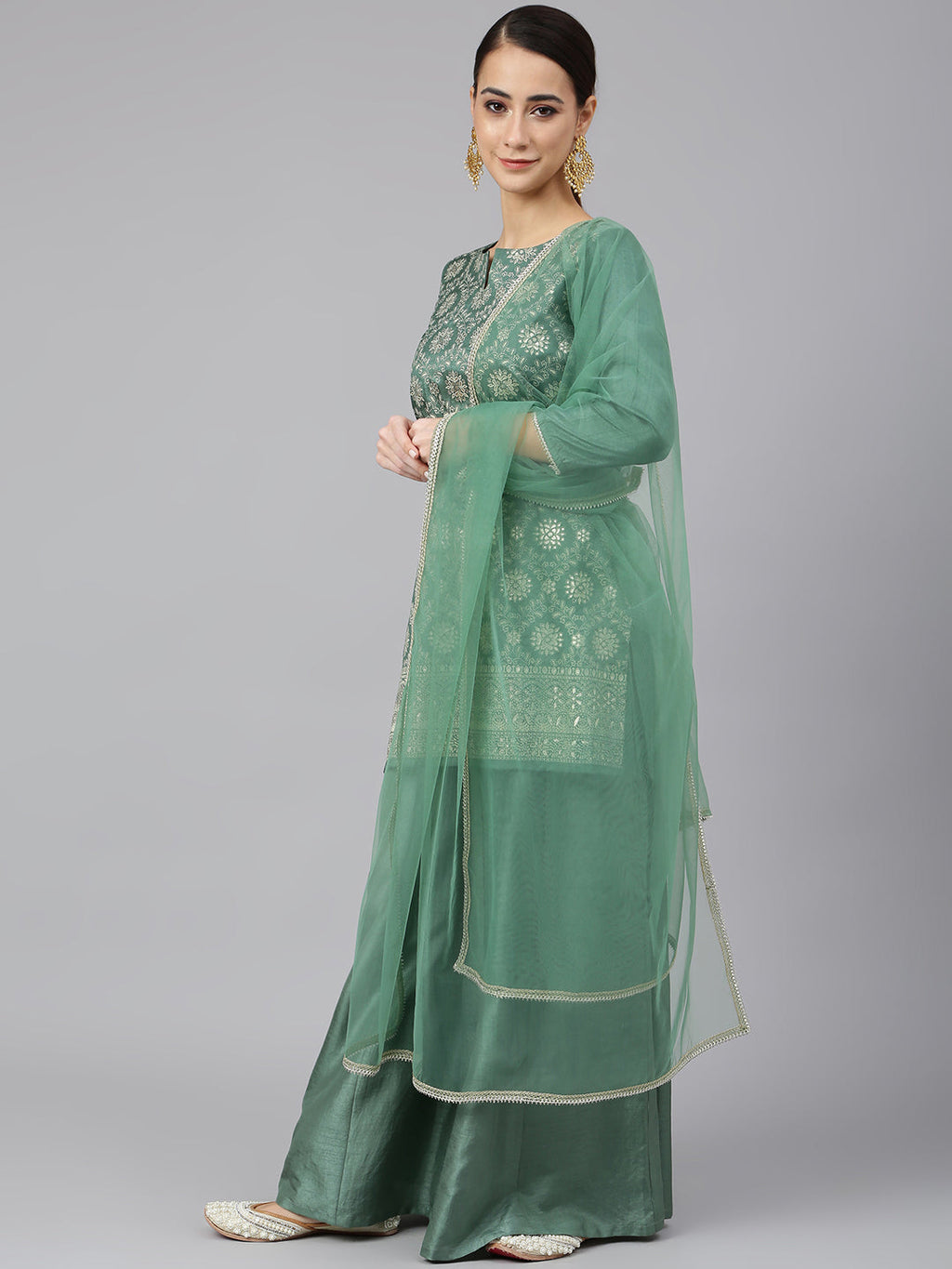 Janasya Women's Mint Green Chinon Foil Print Kurta With Flared Palazzo And Dupatta
