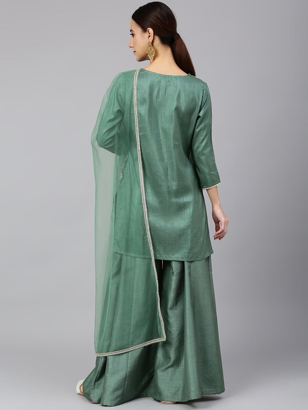 Janasya Women's Mint Green Chinon Foil Print Kurta With Flared Palazzo And Dupatta
