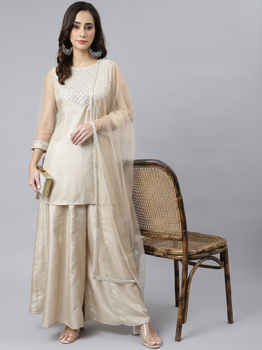 Janasya Women's Beige Chinon Embellished Kurta With Kali Palazzo And Dupatta