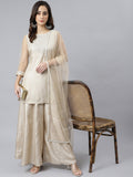 Janasya Women's Beige Chinon Embellished Kurta With Kali Palazzo And Dupatta