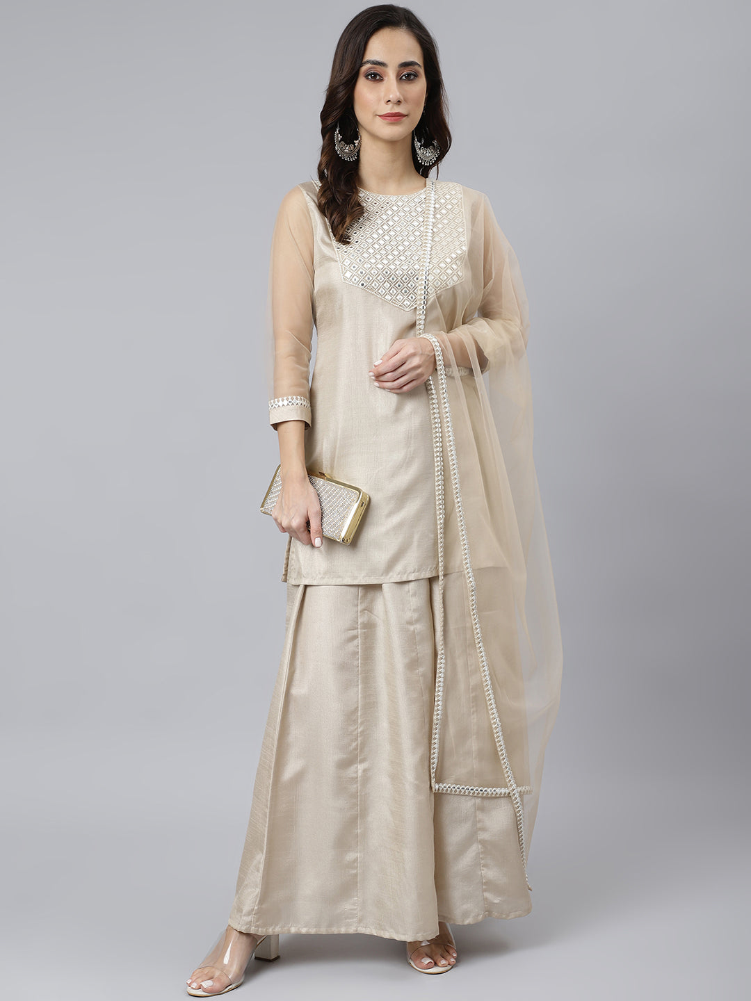 Janasya Women's Beige Chinon Embellished Kurta With Kali Palazzo And Dupatta