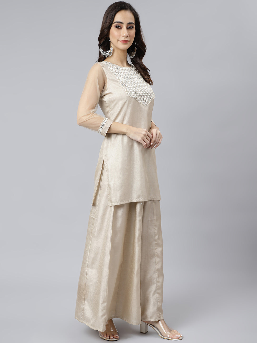 Janasya Women's Beige Chinon Embellished Kurta With Kali Palazzo And Dupatta