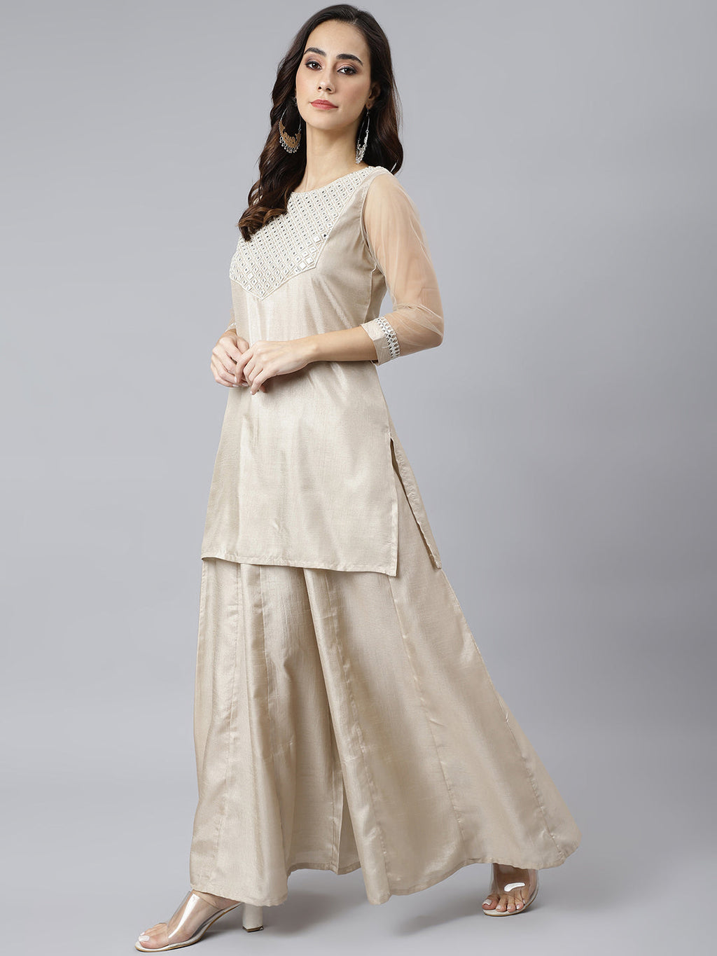 Janasya Women's Beige Chinon Embellished Kurta With Kali Palazzo And Dupatta