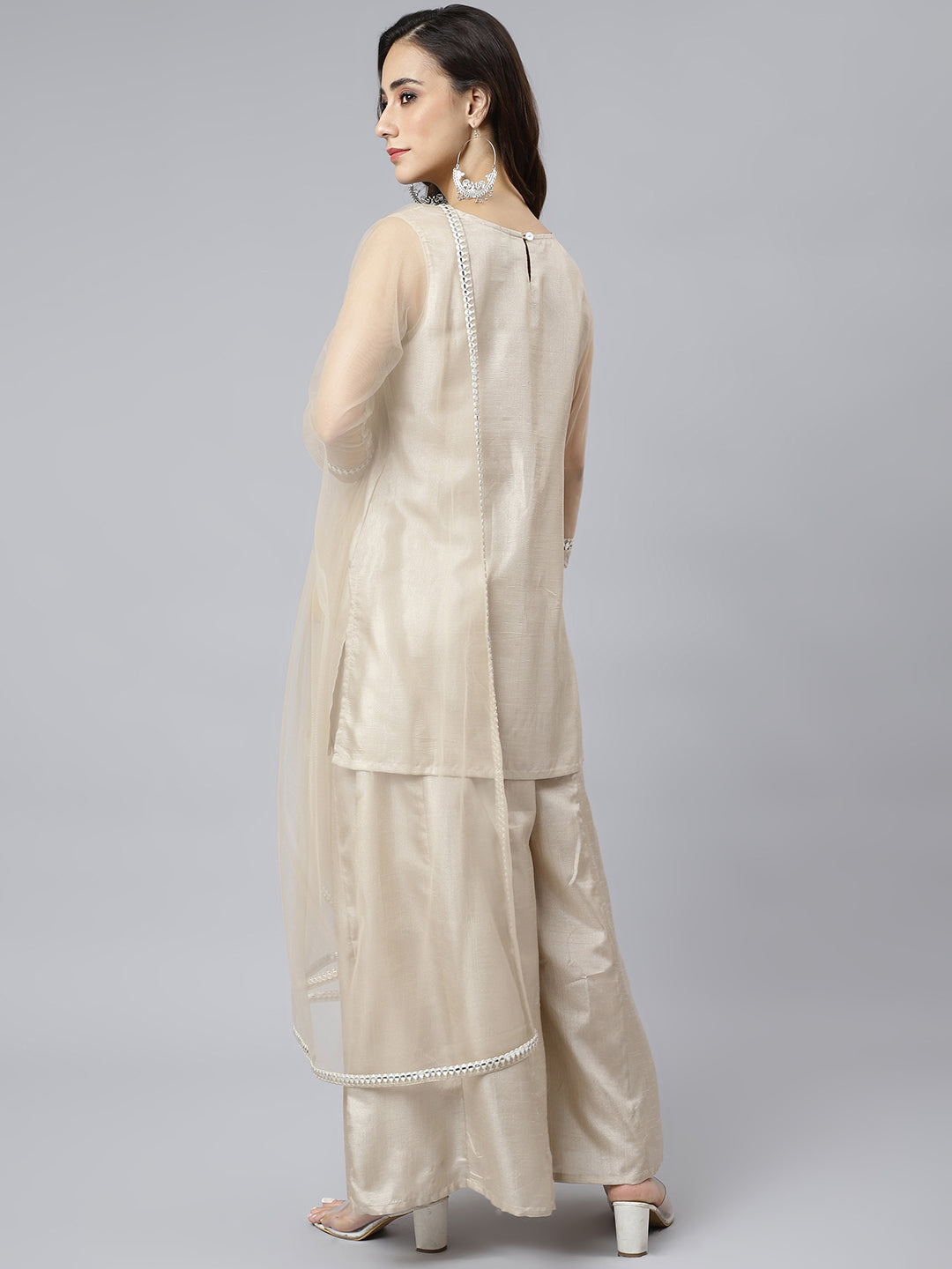 Janasya Women's Beige Chinon Embellished Kurta With Kali Palazzo And Dupatta