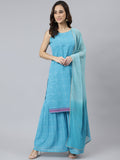 Janasya Women's Light Blue Georgette Bandhni Print Kurta With Sharara And Dupatta