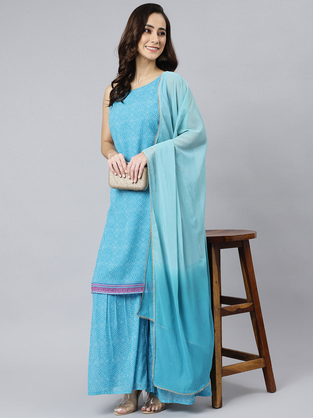 Janasya Women's Light Blue Georgette Bandhni Print Kurta With Sharara And Dupatta