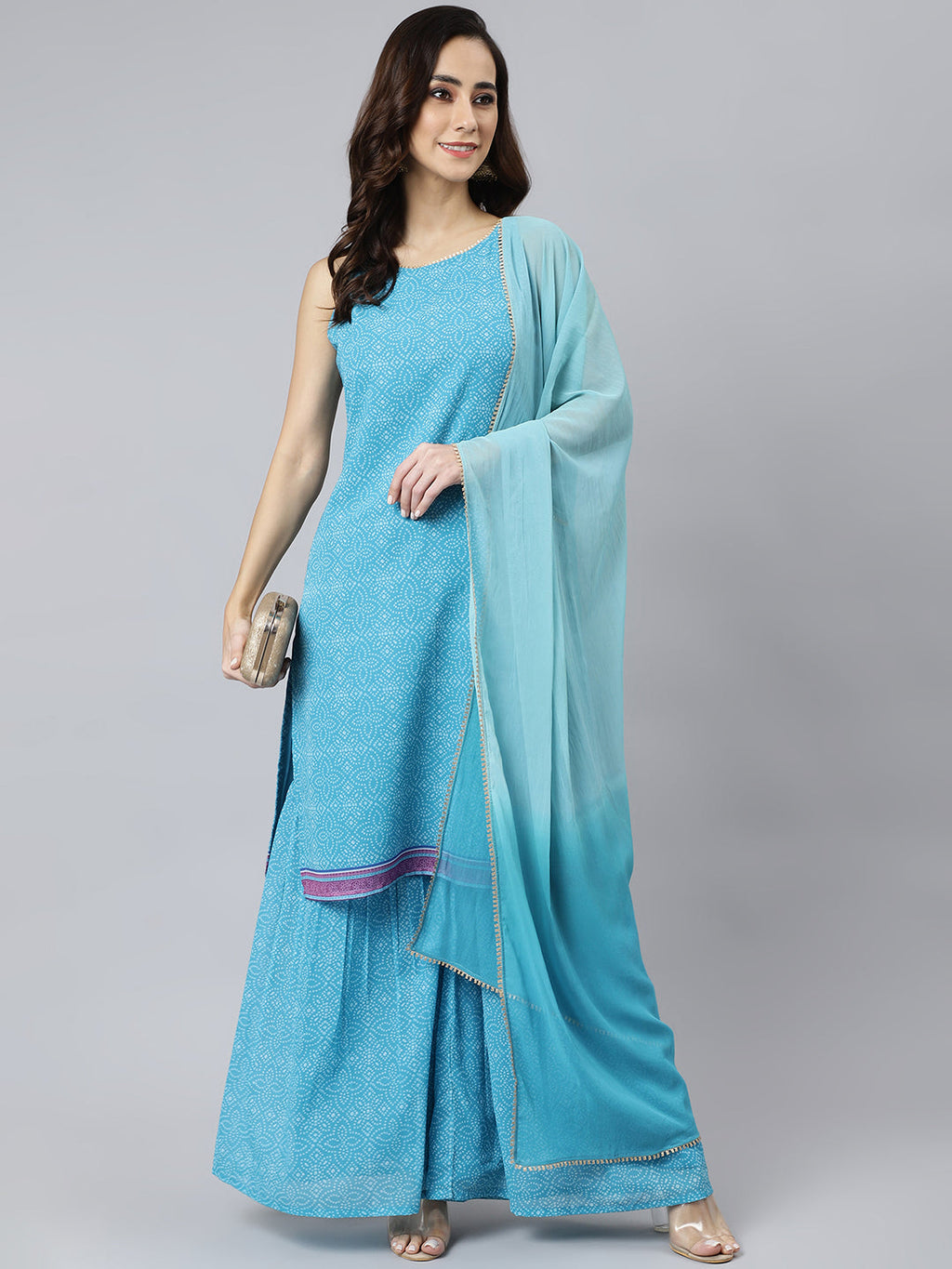 Janasya Women's Light Blue Georgette Bandhni Print Kurta With Sharara And Dupatta