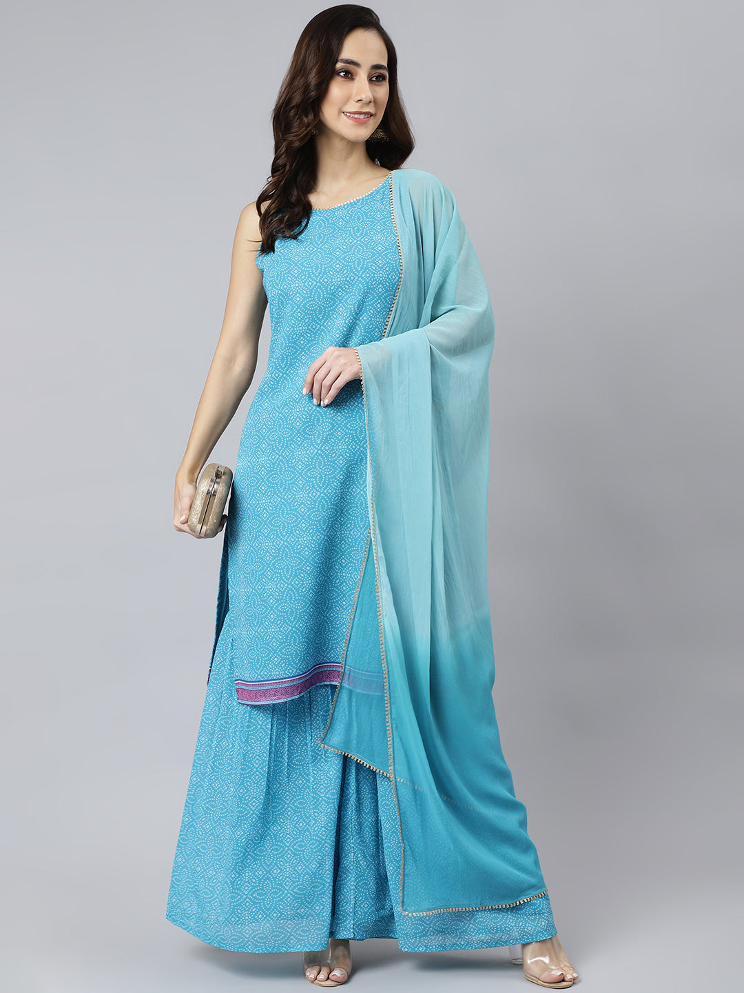 Janasya Women's Light Blue Georgette Bandhni Print Kurta With Sharara And Dupatta