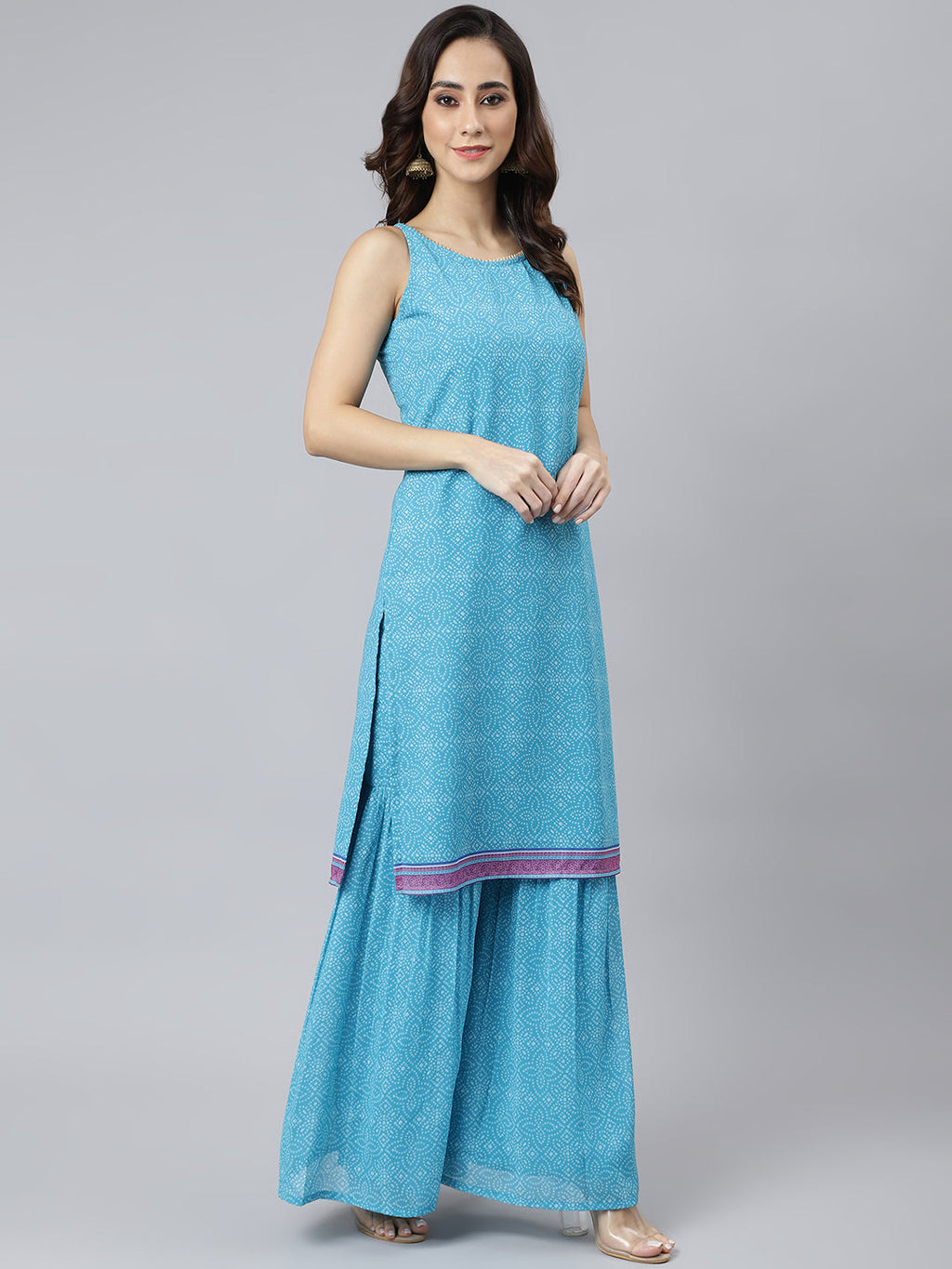 Janasya Women's Light Blue Georgette Bandhni Print Kurta With Sharara And Dupatta