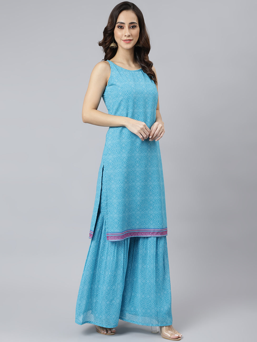 Janasya Women's Light Blue Georgette Bandhni Print Kurta With Sharara And Dupatta