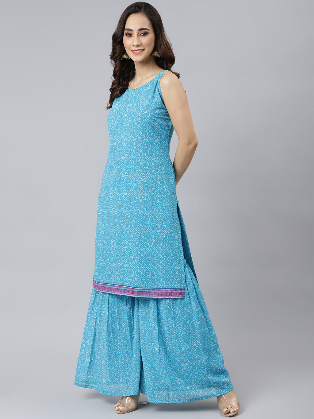Janasya Women's Light Blue Georgette Bandhni Print Kurta With Sharara And Dupatta