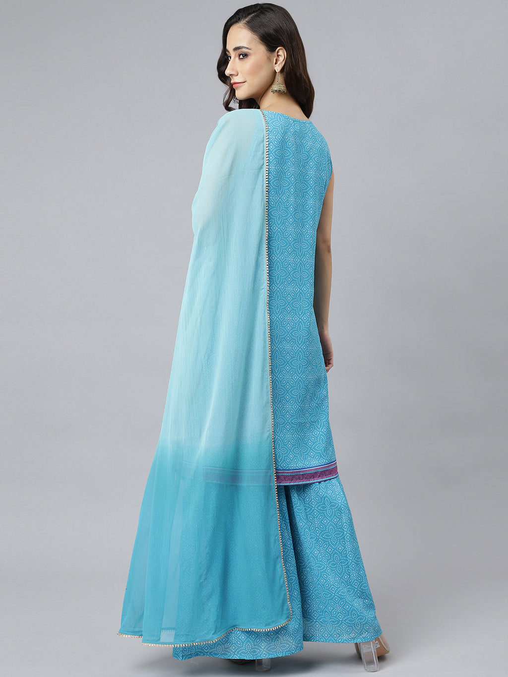 Janasya Women's Light Blue Georgette Bandhni Print Kurta With Sharara And Dupatta