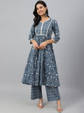 Janasya Women's Grey Cotton Floral Print Kurta With Palazzo