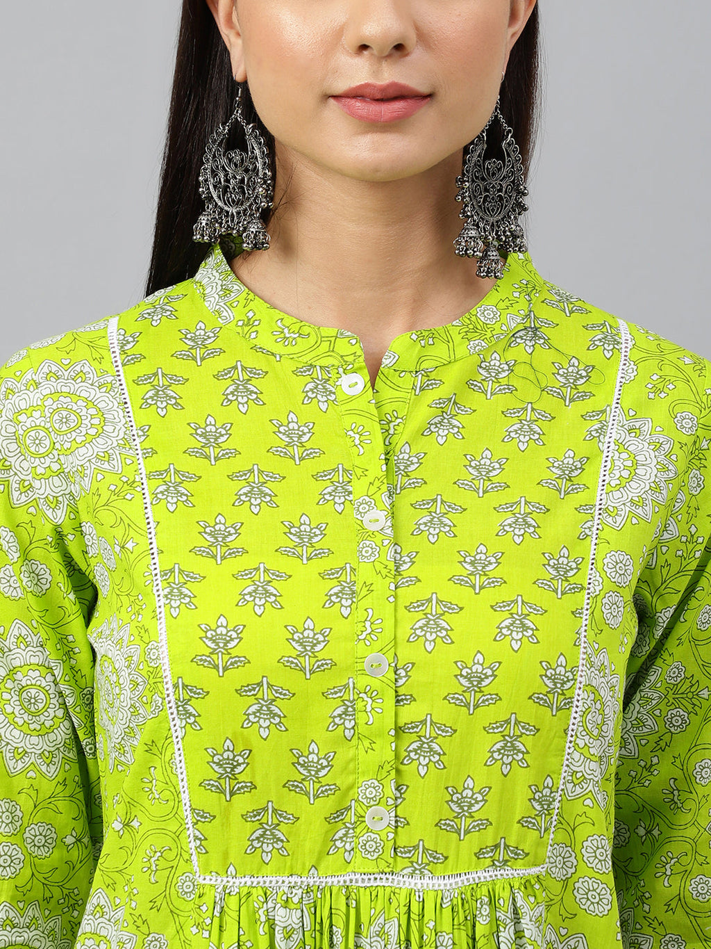 Janasya Women's Light Green Cotton Block Print Kurta With Pant