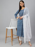 Janasya Women's Navy Blue Cotton Floral Print Kurta With Pant And Dupatta