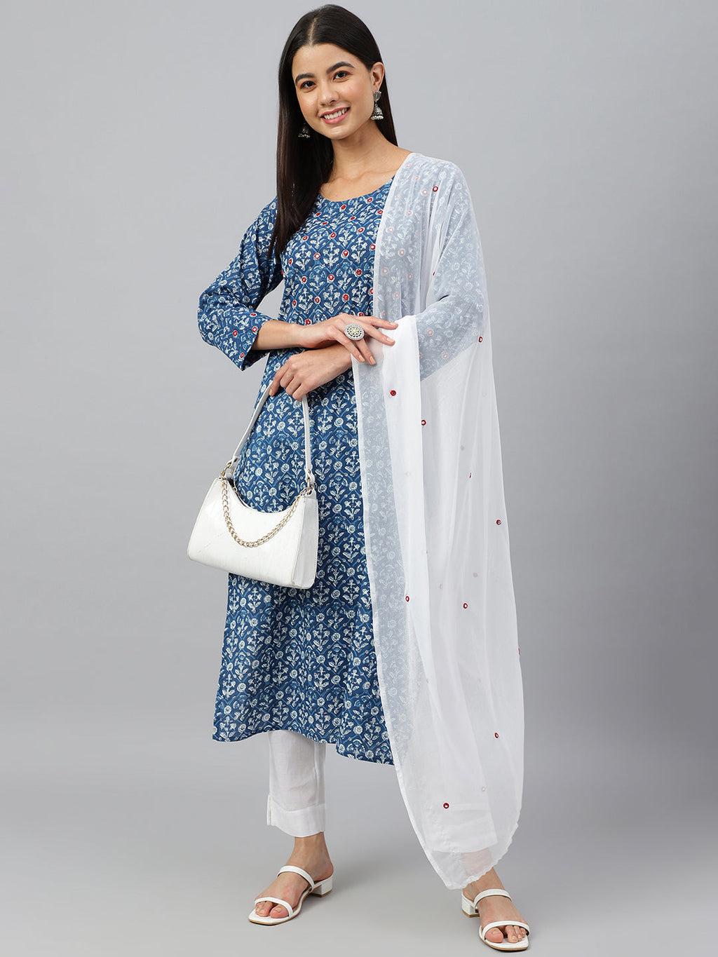 Janasya Women's Navy Blue Cotton Floral Print Kurta With Pant And Dupatta