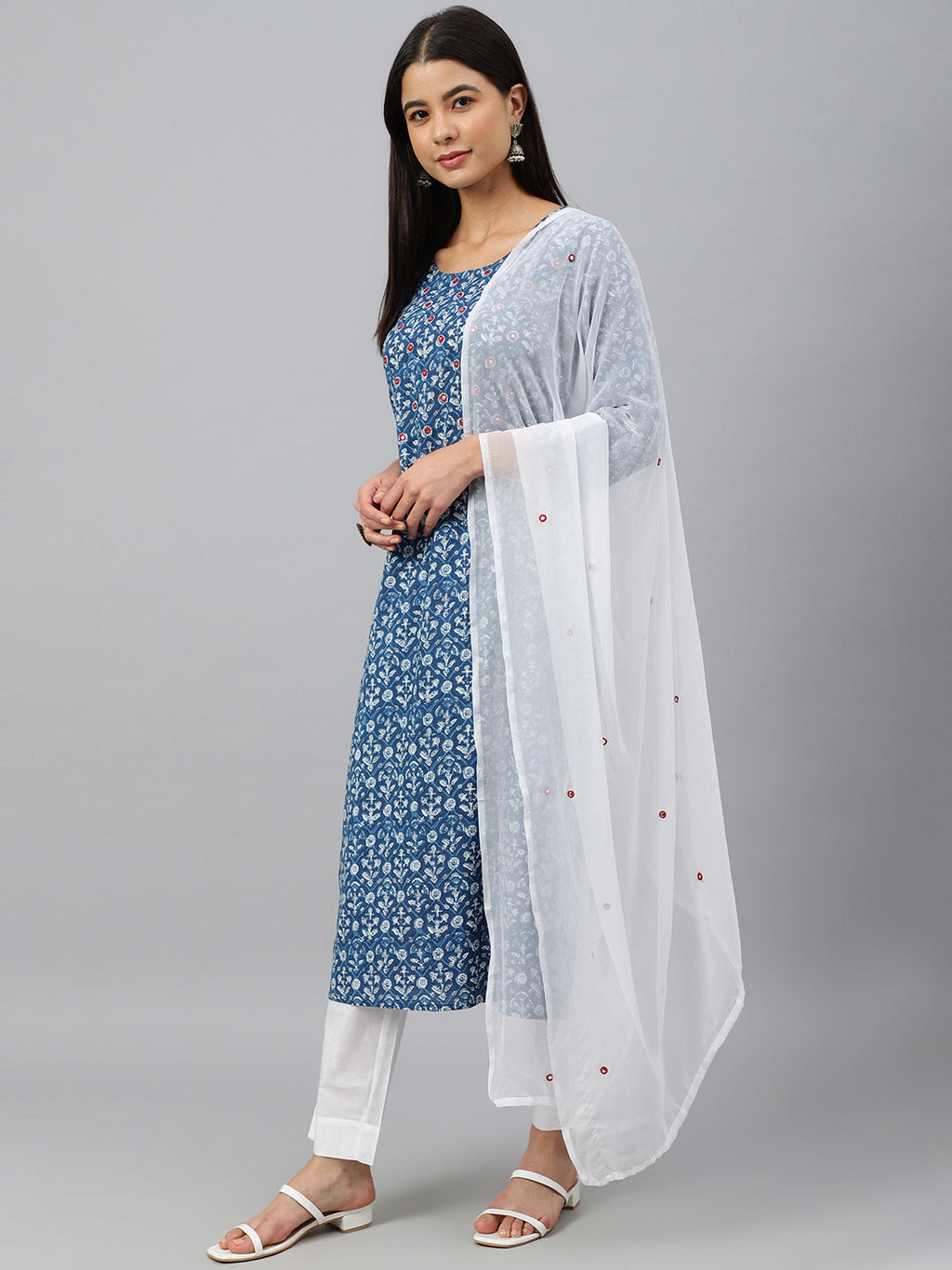 Janasya Women's Navy Blue Cotton Floral Print Kurta With Pant And Dupatta