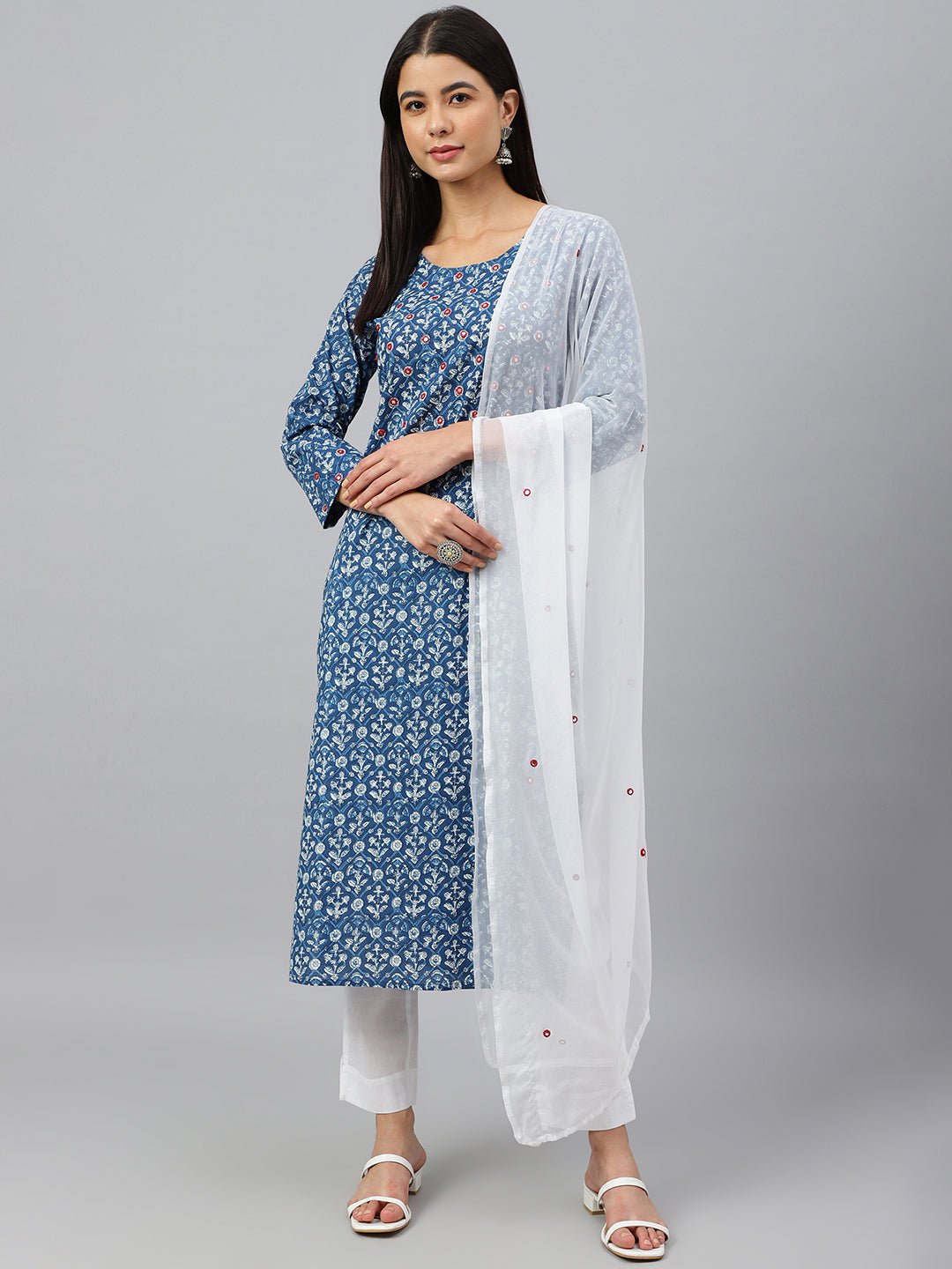 Janasya Women's Navy Blue Cotton Floral Print Kurta With Pant And Dupatta