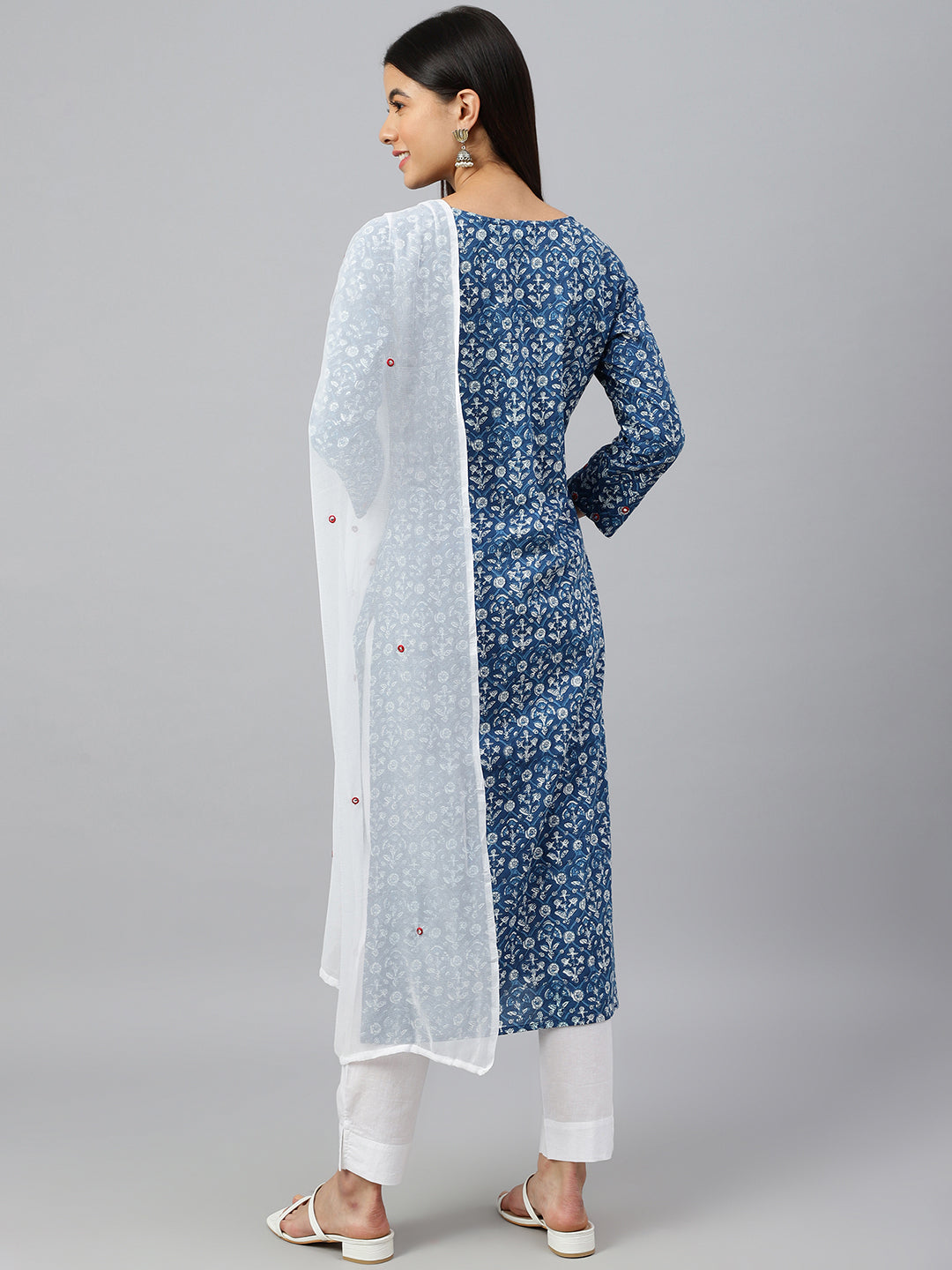 Janasya Women's Navy Blue Cotton Floral Print Kurta With Pant And Dupatta