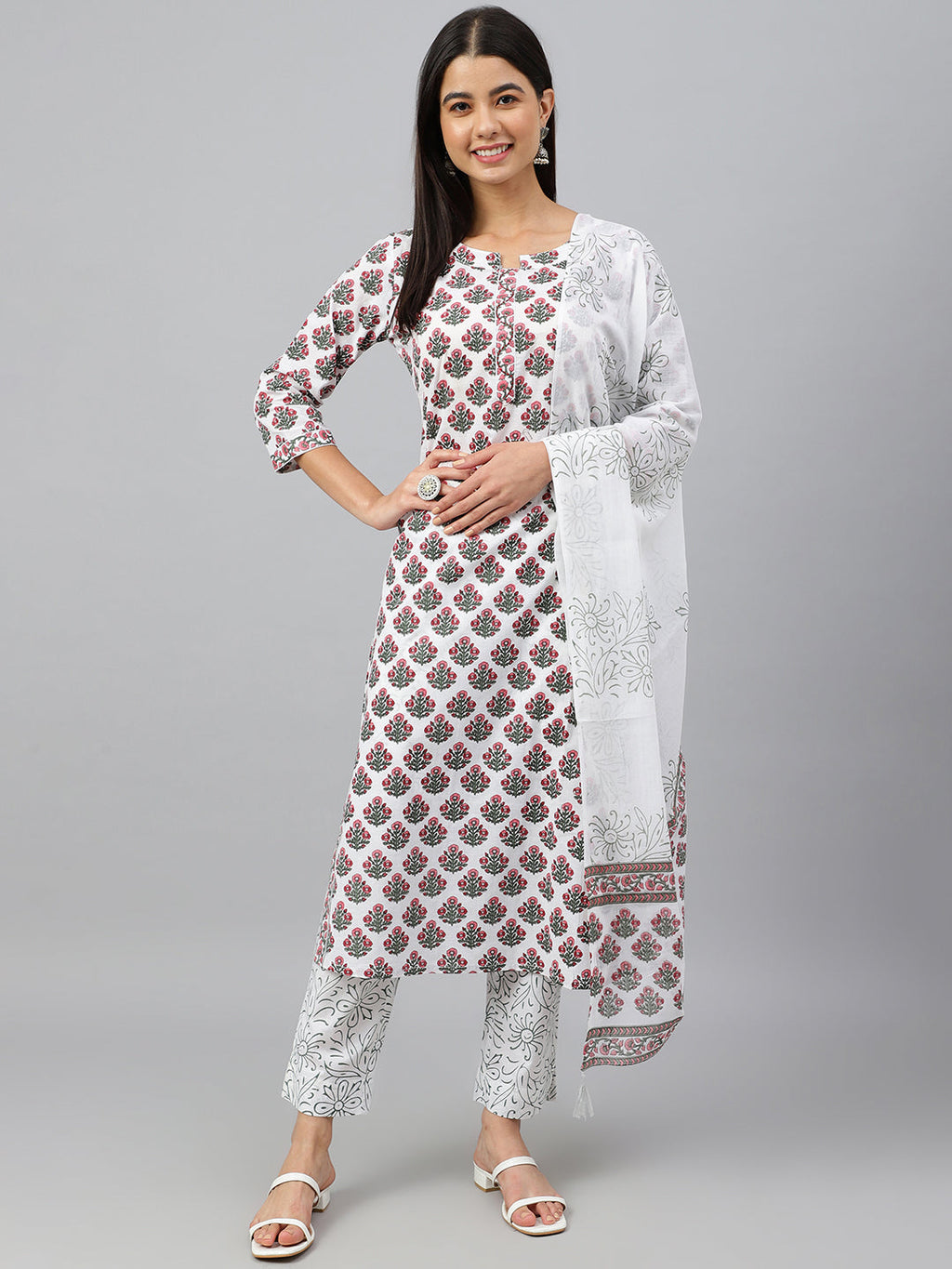 Janasya Women's White Cotton Floral Block Print Kurta With Pant And Dupatta