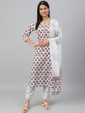 Janasya Women's White Cotton Floral Block Print Kurta With Pant And Dupatta