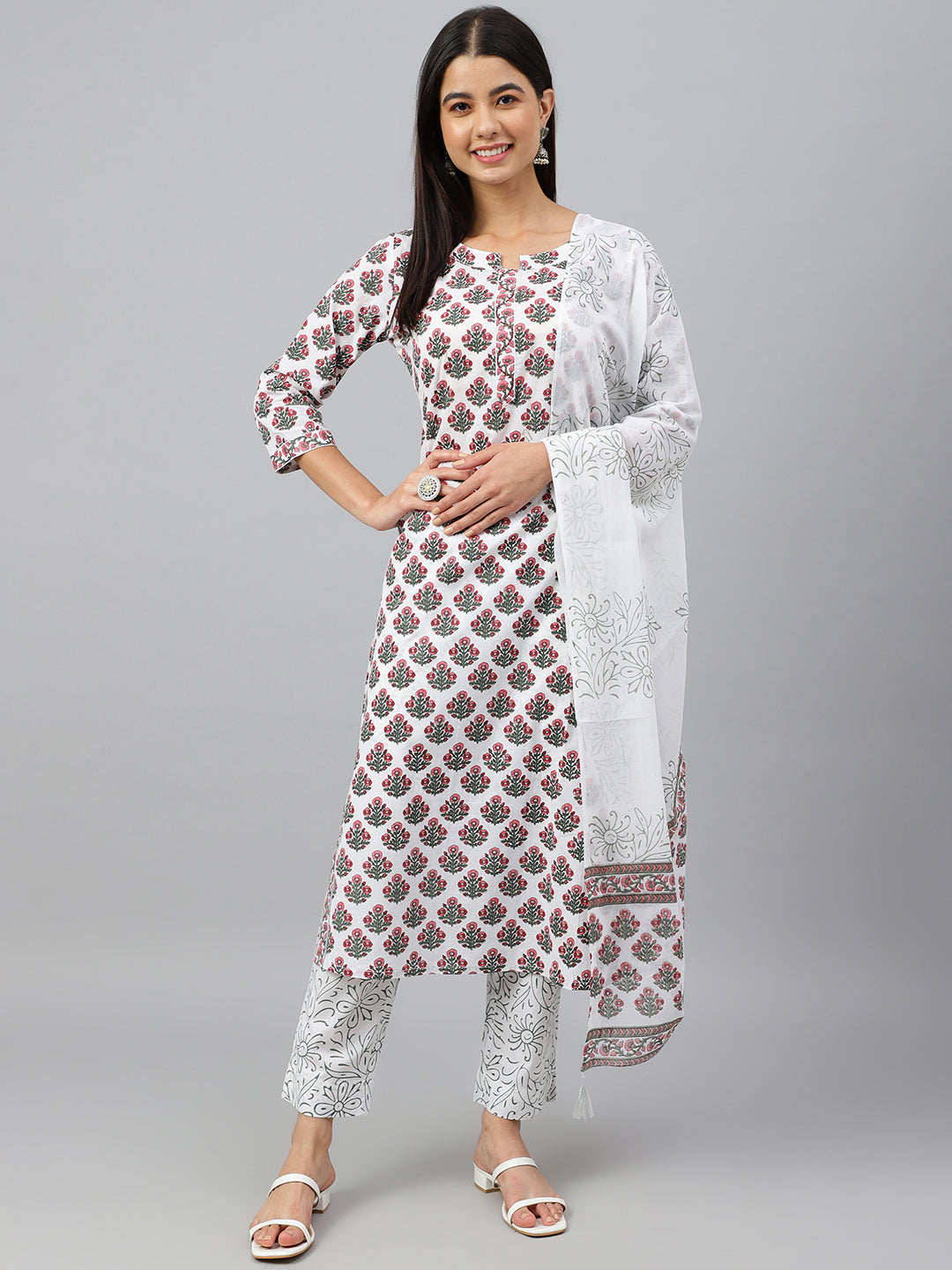 Janasya Women's White Cotton Floral Block Print Kurta With Pant And Dupatta